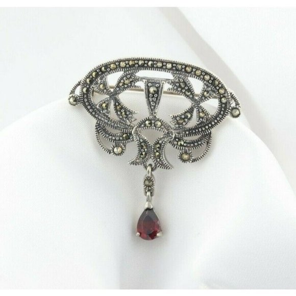 Sterling Silver Marcasite with Simulated Garnet Pin Brooch - Picture 1 of 6